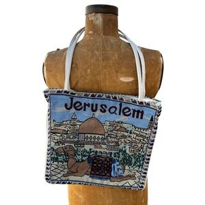 Vintage Jerusalem Tapestry Tote Bag 90s Boho Camel Scenic Expandable Grandmacore